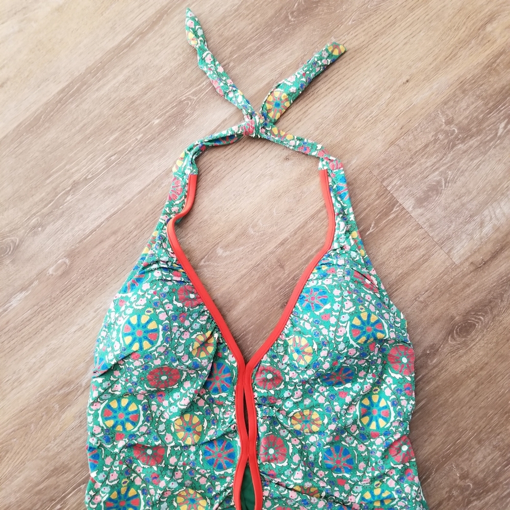 RHODE Green Multicolor Halter One-Piece Swimsuit with Orange Trim - Picture 3 of 9
